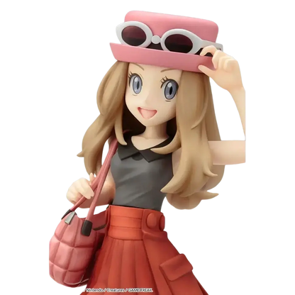 Detailed serena with fennekin artfx statue of smiling anime girl with blonde hair pink hat and handbag in gray top and orange skirt