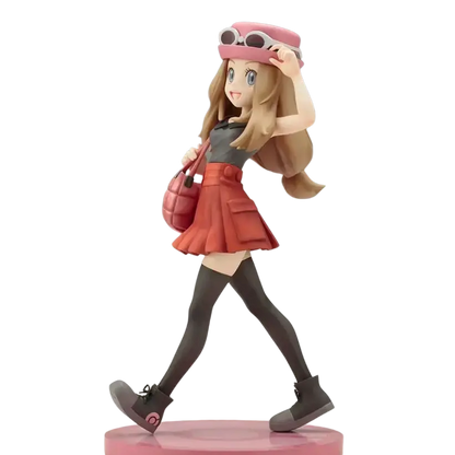 Detailed artfx statue of serena with fennekin featuring long blonde hair pink hat and orange pleated skirt