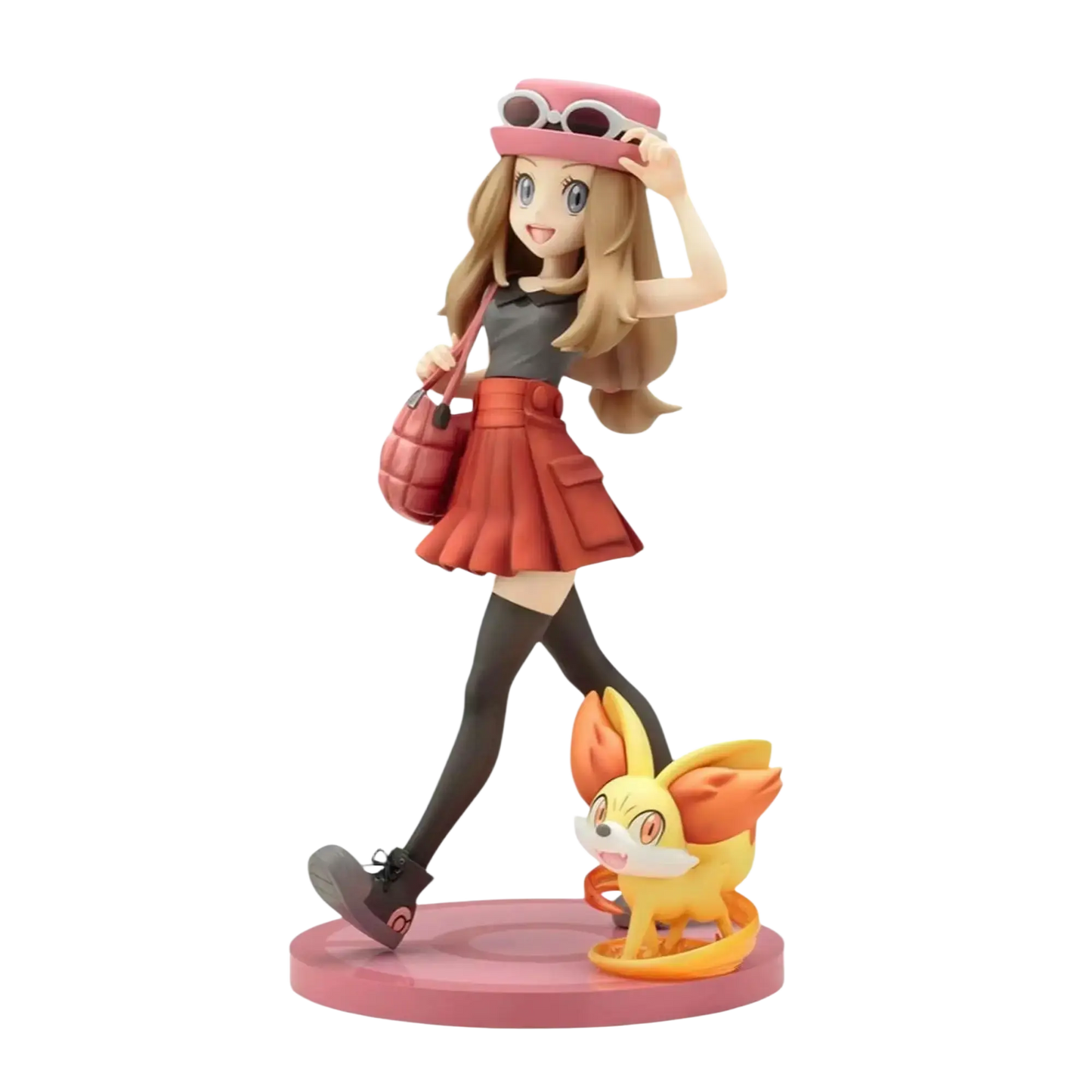 Detailed serena with fennekin artfx statue featuring a smiling anime girl in pink hat, orange skirt, and black stockings
