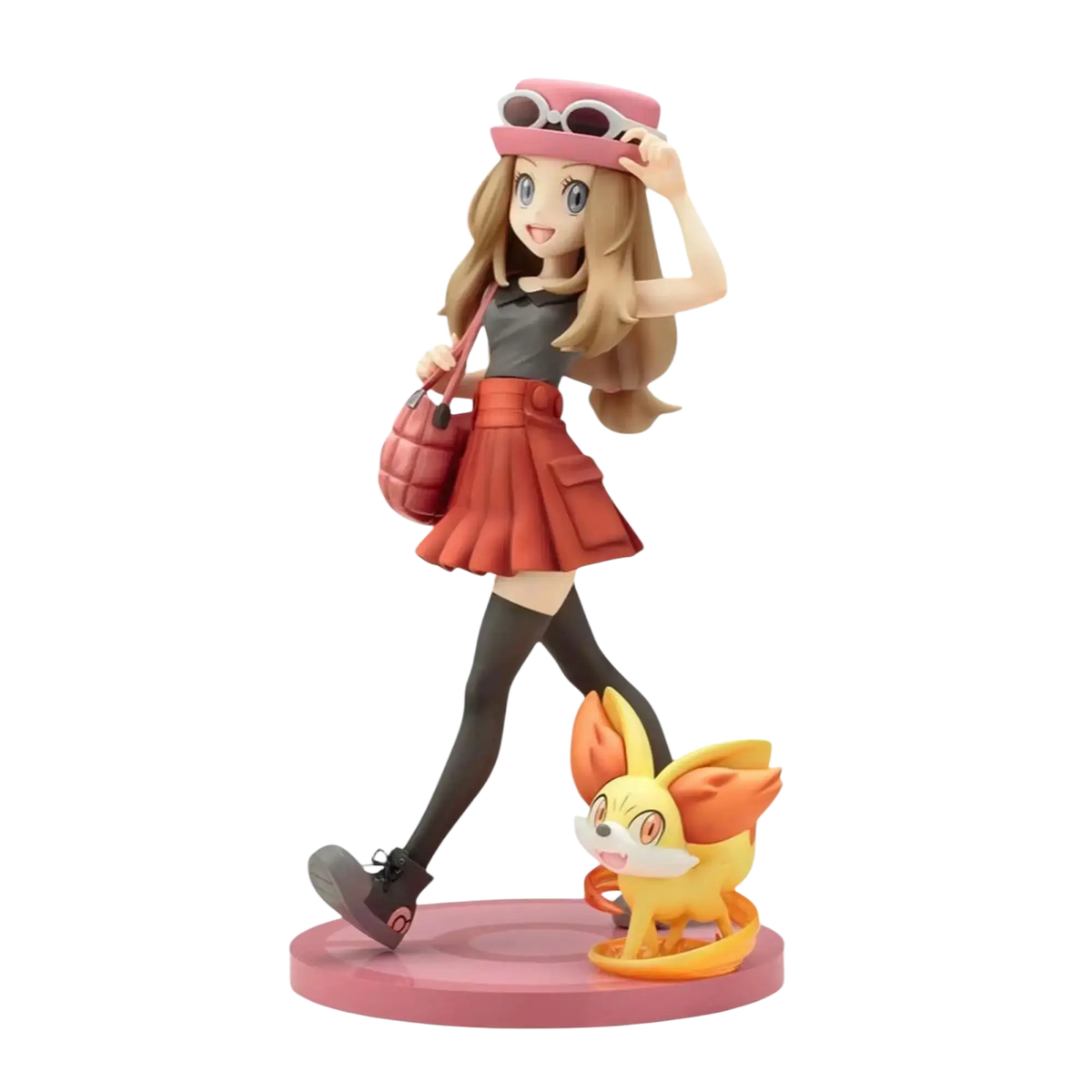 Detailed serena with fennekin artfx statue featuring a smiling anime girl in pink hat, orange skirt, and black stockings