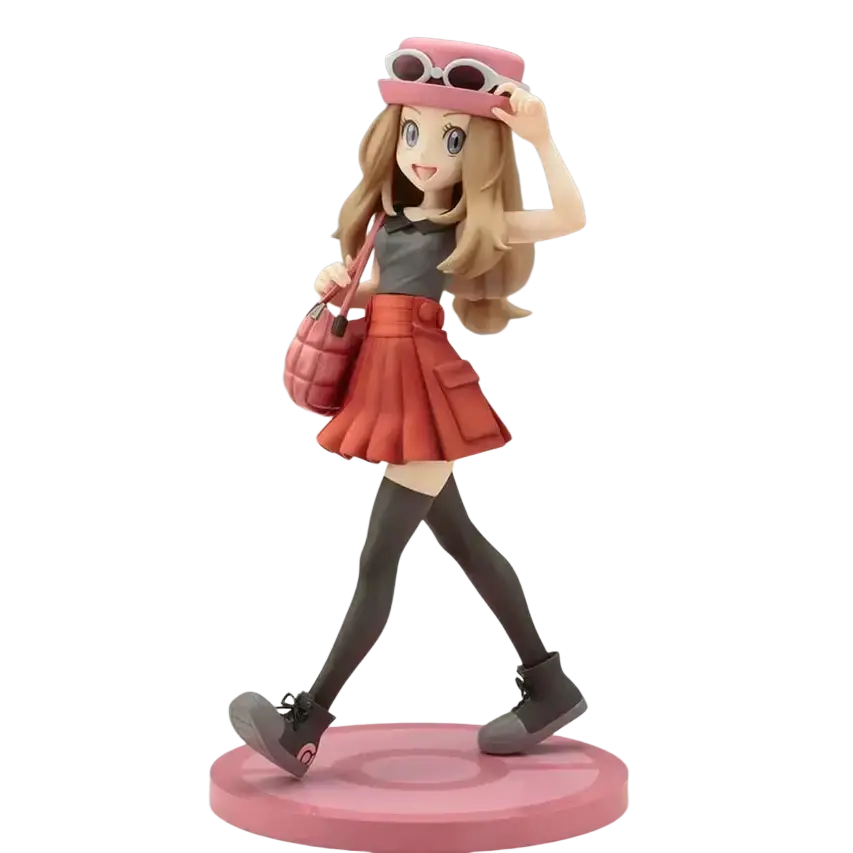 A detailed serena and fennekin artfx j statue figurine featuring a cheerful anime girl in colorful attire and accessories