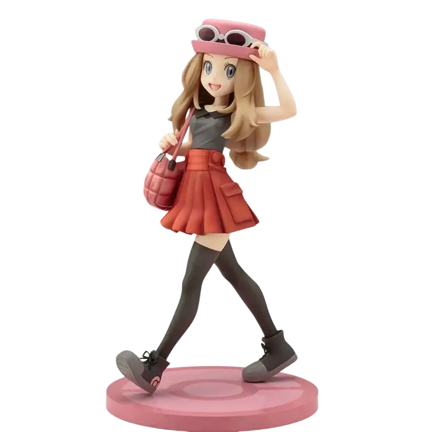 A detailed serena and fennekin artfx j statue figurine featuring a cheerful anime girl in colorful attire and accessories