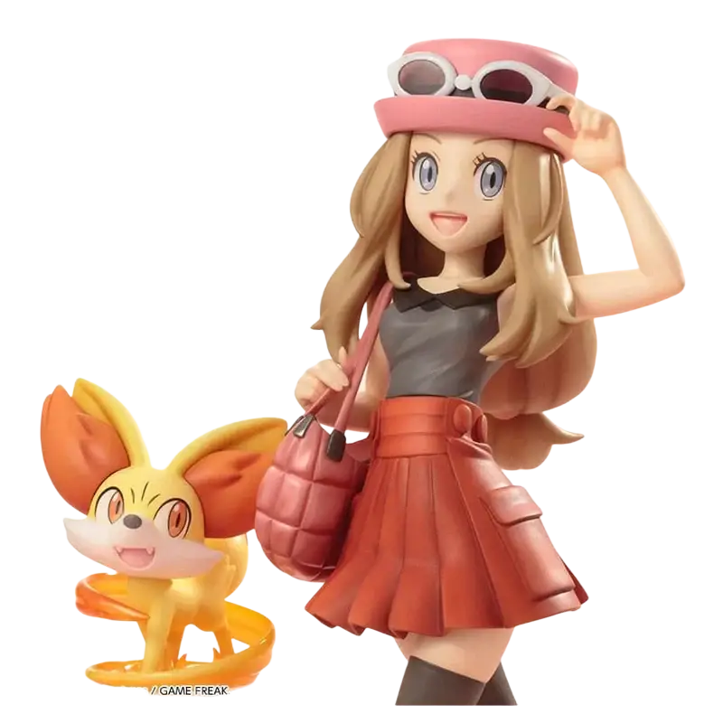 Detailed serena figurine with long blonde hair wearing a pink hat and red skirt holding a pink handbag from fennekin artfx statue