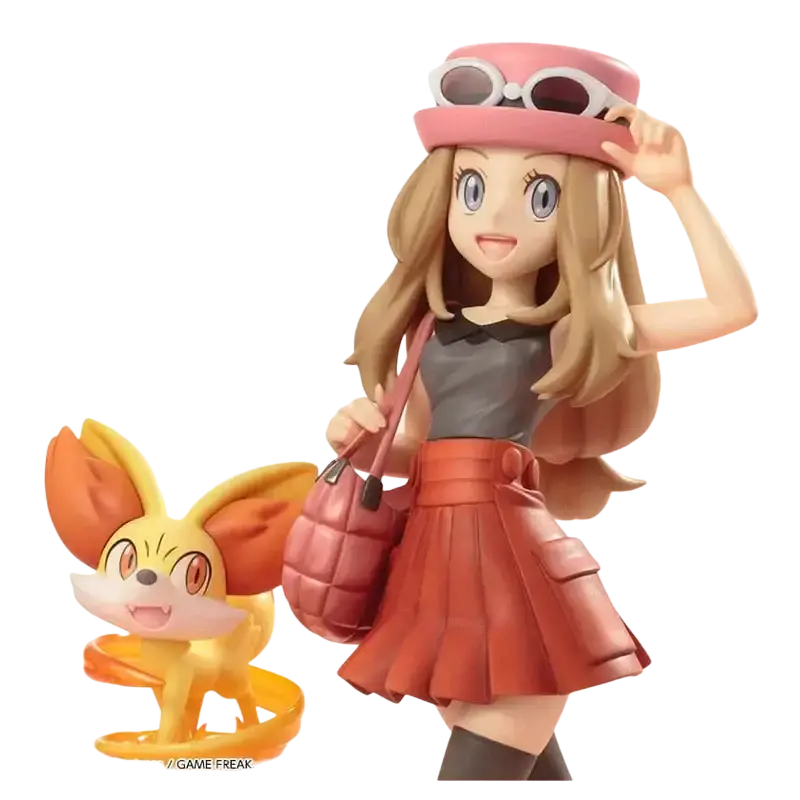 Detailed serena figurine with long blonde hair wearing a pink hat and red skirt holding a pink handbag from fennekin artfx statue