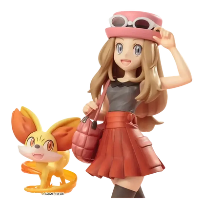 Detailed serena figurine with long blonde hair wearing a pink hat and red skirt holding a pink handbag from fennekin artfx statue