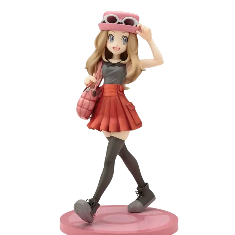 Serena statue featuring fennekin artfx with pink hat, sunglasses, gray top, red pleated skirt, black tights, and gray boots