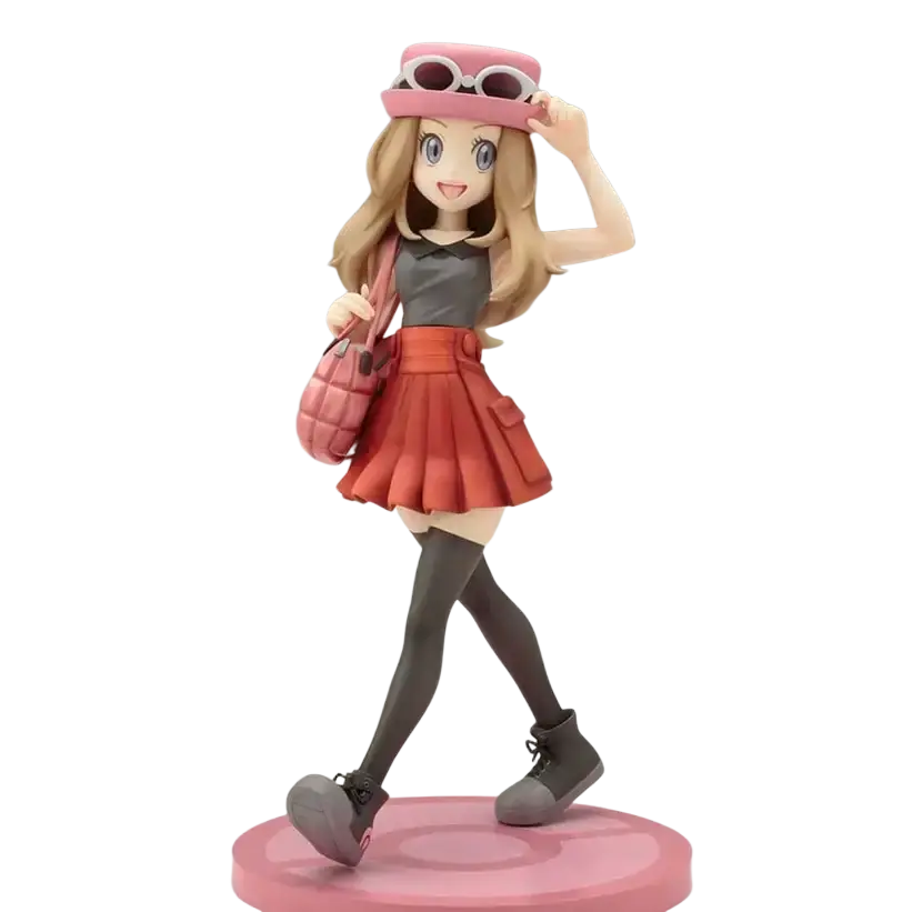Serena statue featuring fennekin artfx with pink hat, sunglasses, gray top, red pleated skirt, black tights, and gray boots