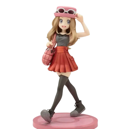 Serena statue featuring fennekin artfx with pink hat, sunglasses, gray top, red pleated skirt, black tights, and gray boots