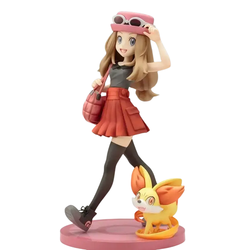 Serena with fennekin artfx j statue featuring a pink-hatted anime girl with blonde hair and yellow fox-like companion