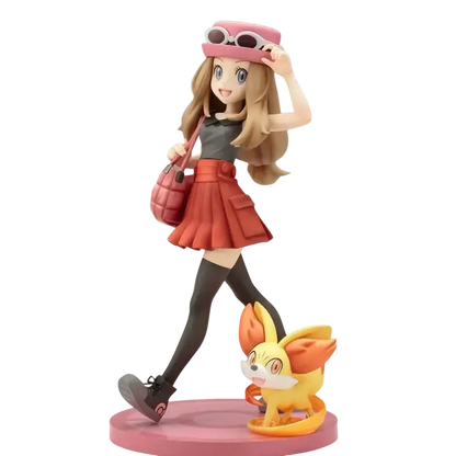 Serena with fennekin artfx j statue featuring a pink-hatted anime girl with blonde hair and yellow fox-like companion