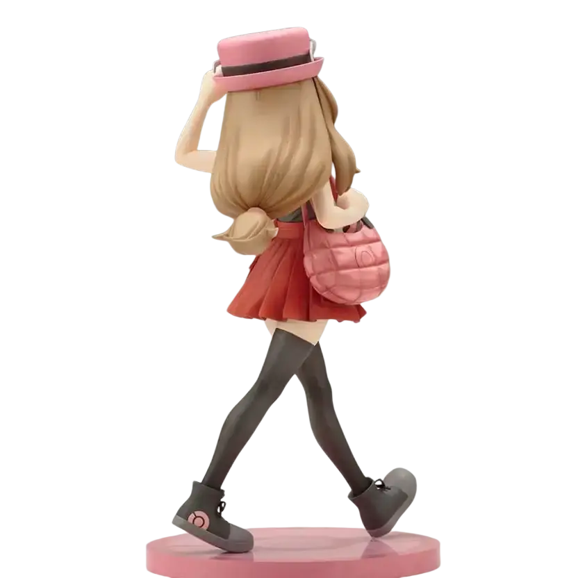 Serena with fennekin artfx j statue featuring an anime-style figurine wearing a pink quilted handbag and matching hat