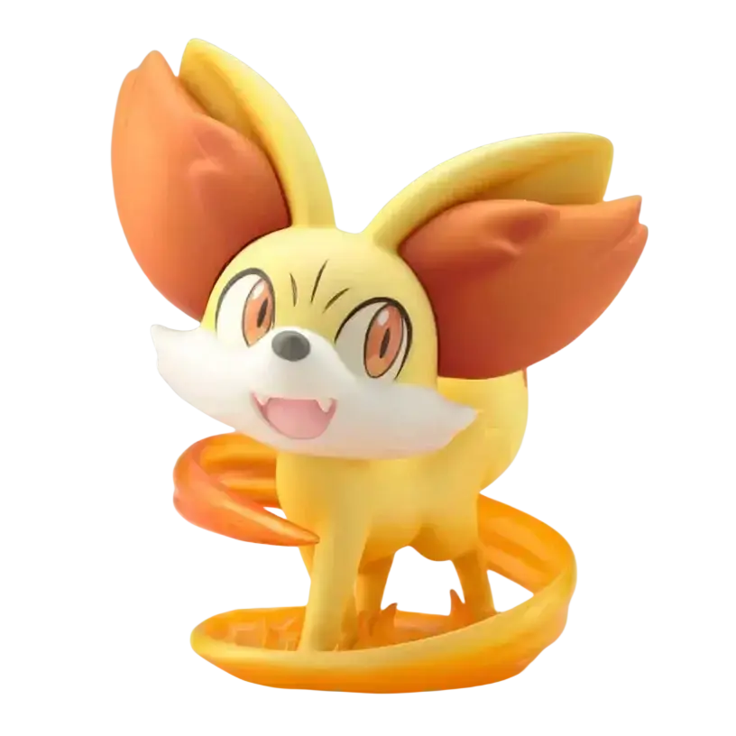 Serena fennekin artfx j statue featuring a yellow and orange figure with flame-like ears tail and base