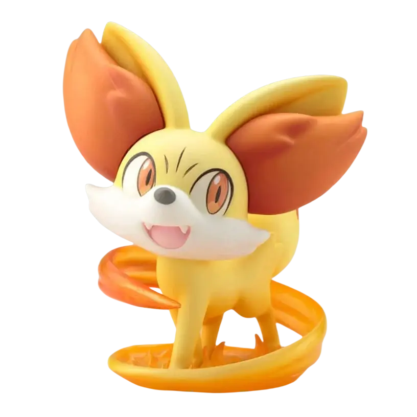 Serena fennekin artfx j statue featuring a yellow and orange figure with flame-like ears tail and base