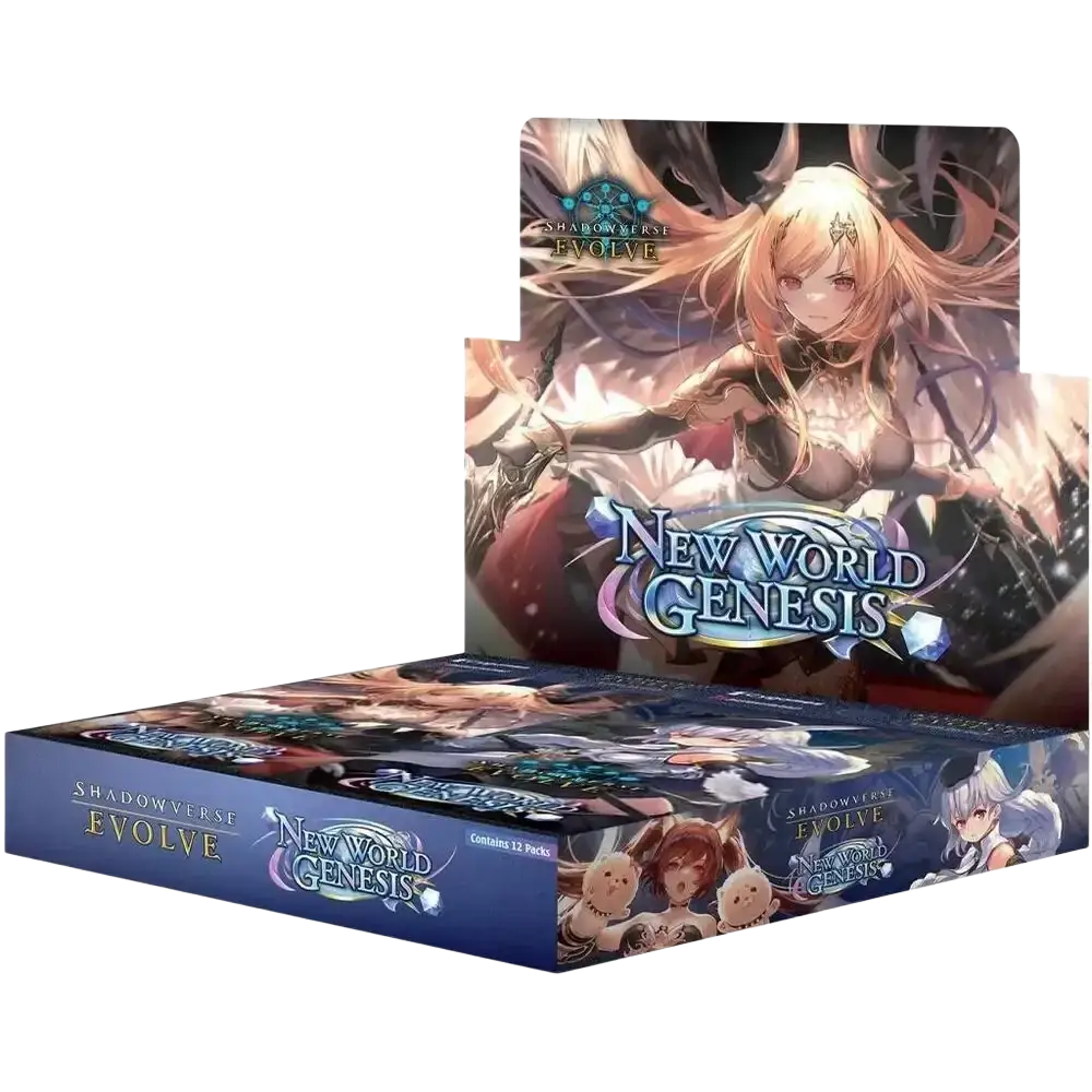 Blue cardboard genesis booster box featuring anime artwork for shadowverse evolve crossover trading card game set