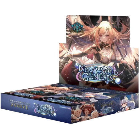 Blue cardboard genesis booster box featuring anime artwork for shadowverse evolve crossover trading card game set
