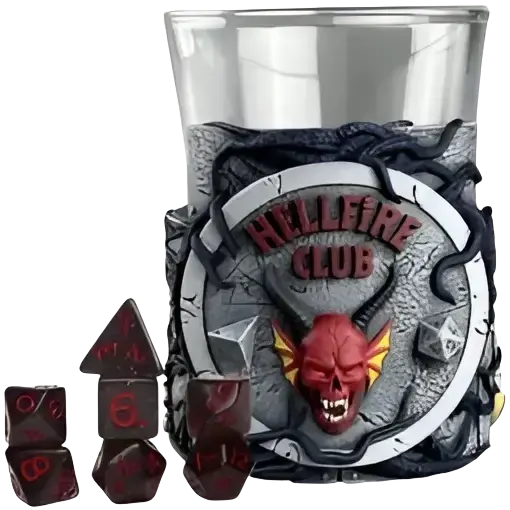 The image shows a clear glass tumbler with an ornate, dark gray and black metallic-looking band around its base featuring the ’hellfire club’ logo.