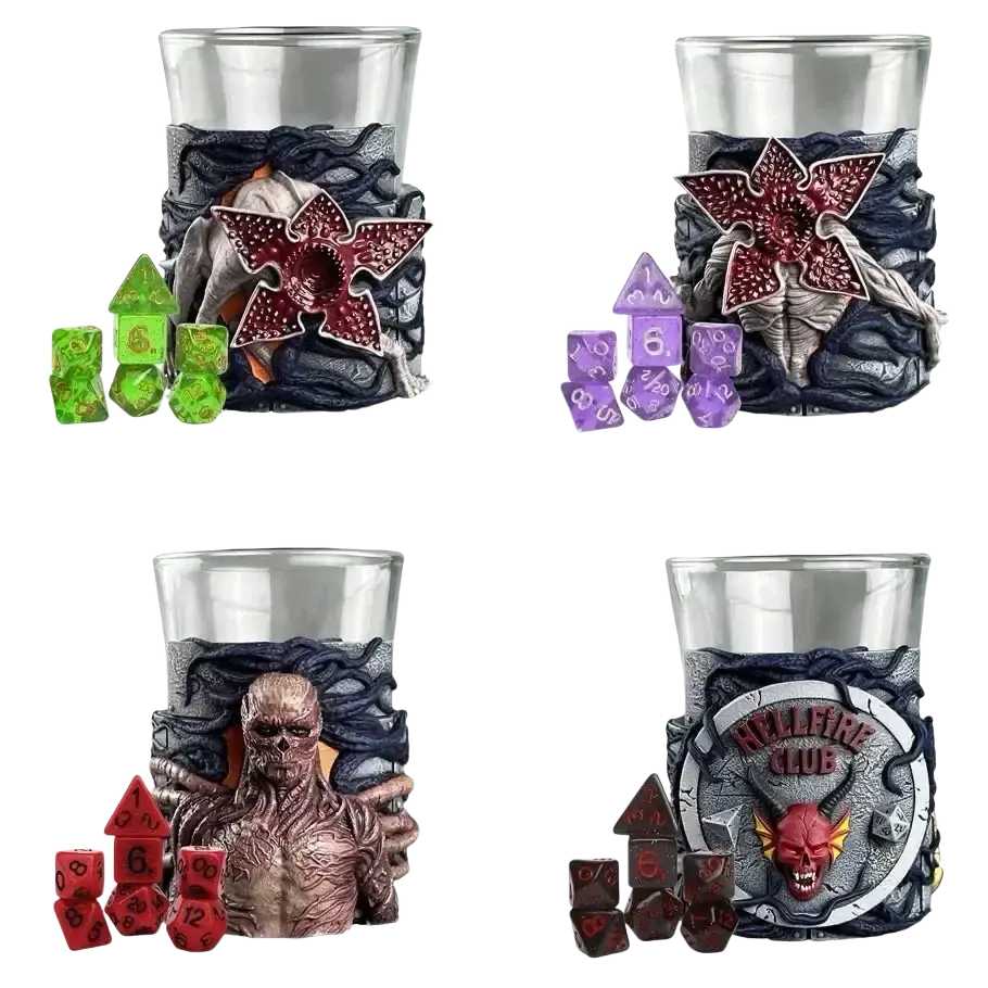The image displays four distinct themed shot glasses, each featuring a unique horror-inspired design with accompanying polyhedral dice in matching colors and patterns.