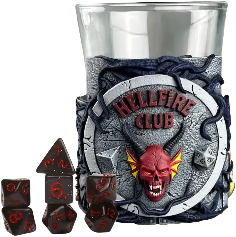 The hellfire club tumbler features a dark, textured design with a central red devil skull emblem and the words ’hellfire club’ in bold lettering.