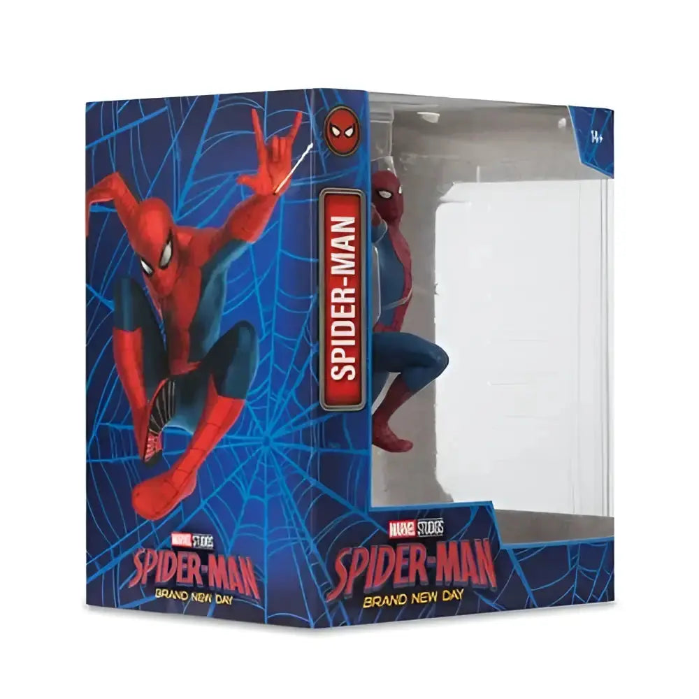 Red and blue Spider-Man scale posed figure in dynamic pose packaged in original Marvel Studios brand new day box