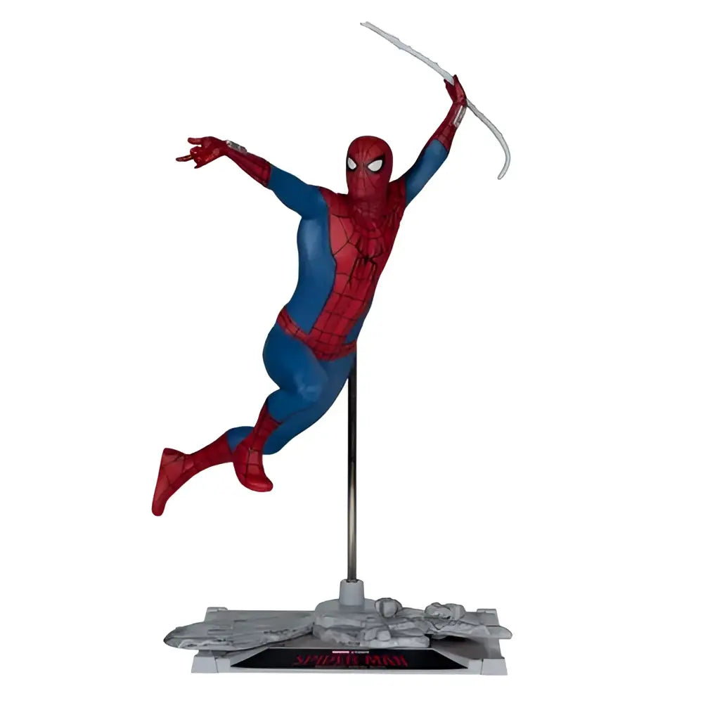 Red and blue spider-man scale posed figure with web-shooters standing on gray base from brand new day series