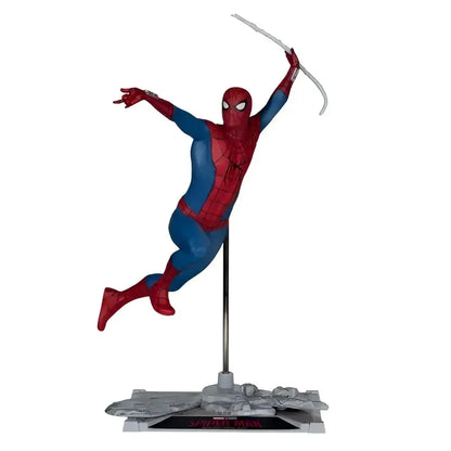 Red and blue spider-man scale posed figure with web-shooters standing on gray base from brand new day series