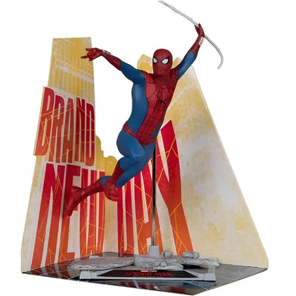 Spider-Man brand new day red and blue scale posed figure holding web line with New York City backdrop