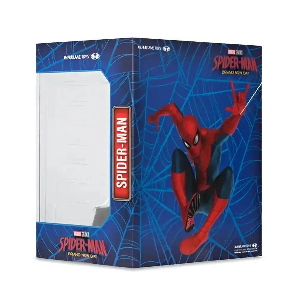 Red and blue spider-man scale posed figure in marvel-branded web design box from spider-man brand new day series