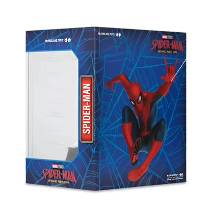 Red and blue spider-man scale posed figure in marvel-branded web design box from spider-man brand new day series