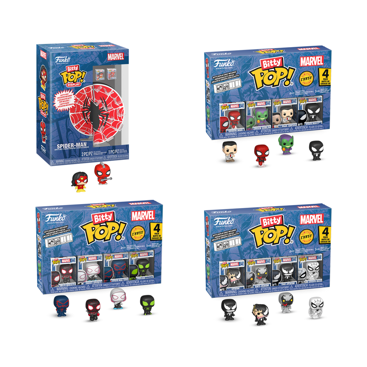 Spider-Man Web Funko Bitty Pop! Display Bundle with Spider-Woman, Spider-Man & other Marvel Bitty Pop! 4-packs by Funko.