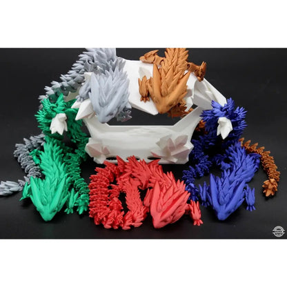 Colorful articulated dragon figurines.