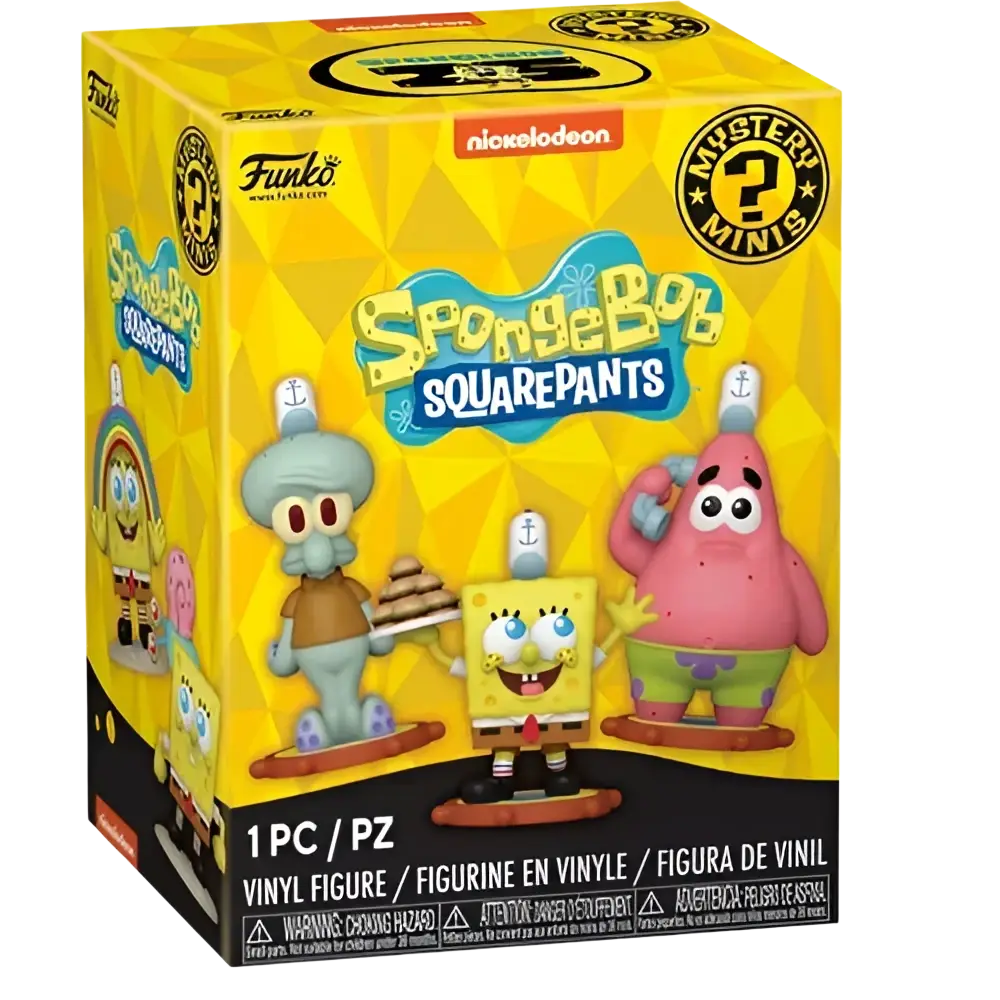 Yellow spongebob squarepants 25th anniversary funko mystery minis box with blue squid yellow sponge and pink starfish vinyl figures