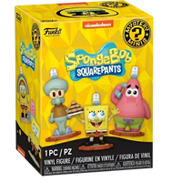 Yellow spongebob squarepants 25th anniversary funko mystery minis box with blue squid yellow sponge and pink starfish vinyl figures