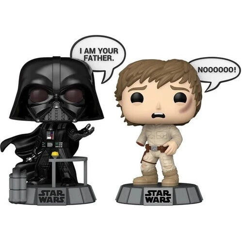 Black darth vader and beige luke skywalker funko pop figures with speech bubbles.