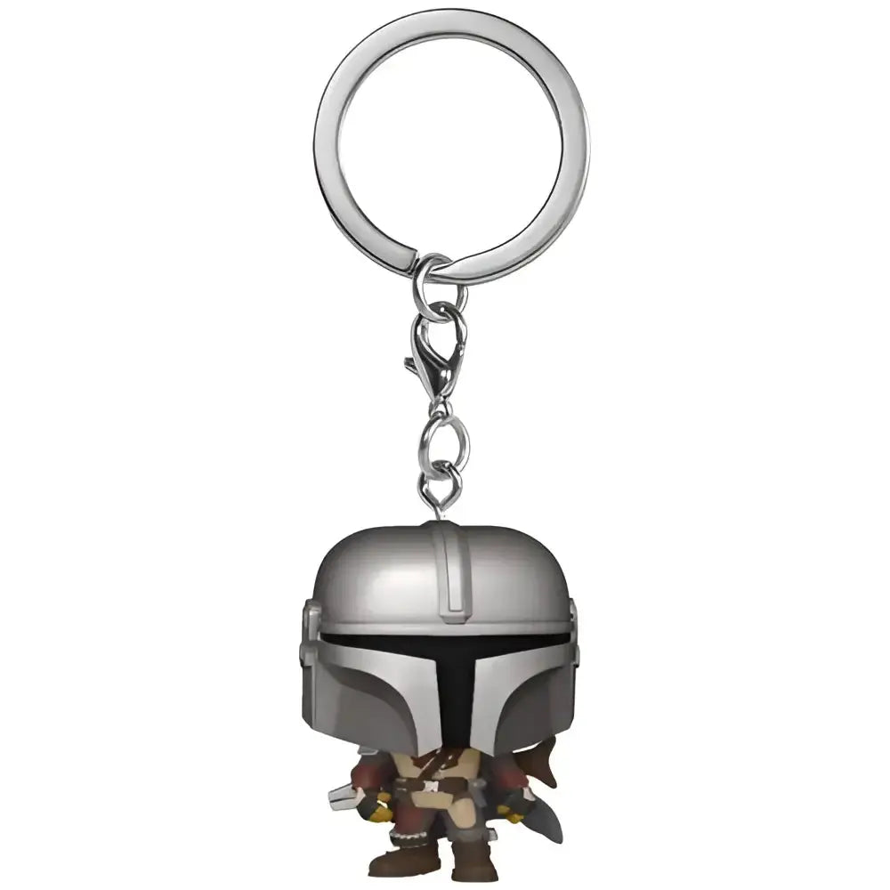 Star wars the mandalorian funko pocket pop key chain featuring a silver mandalorian helmet with metallic finish and detailed armor design
