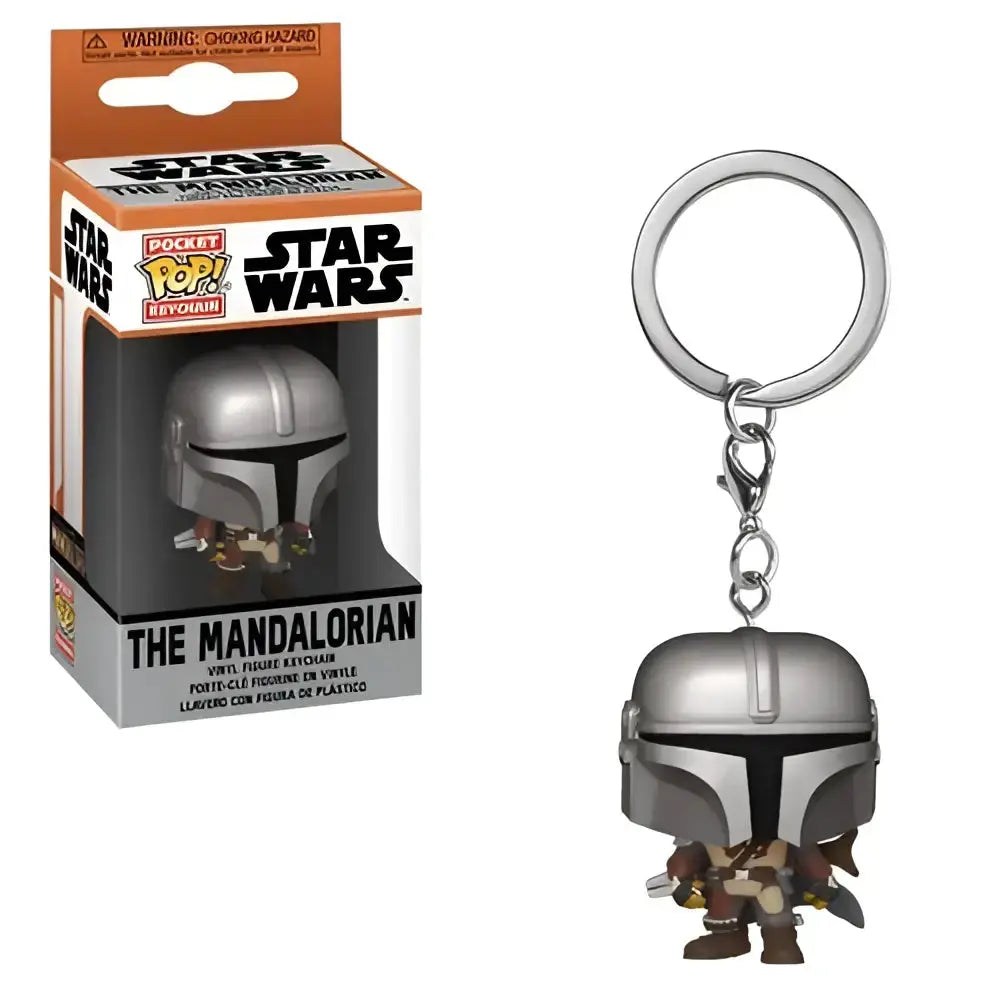 Silver metallic Star Wars the Mandalorian Funko pocket pop keychain featuring detailed armor and brown accents