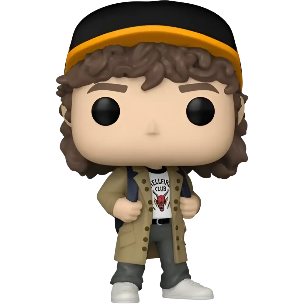 Stranger things funko pop vinyl figure of dustin henderson with curly hair wearing black yellow cap and beige trench coat