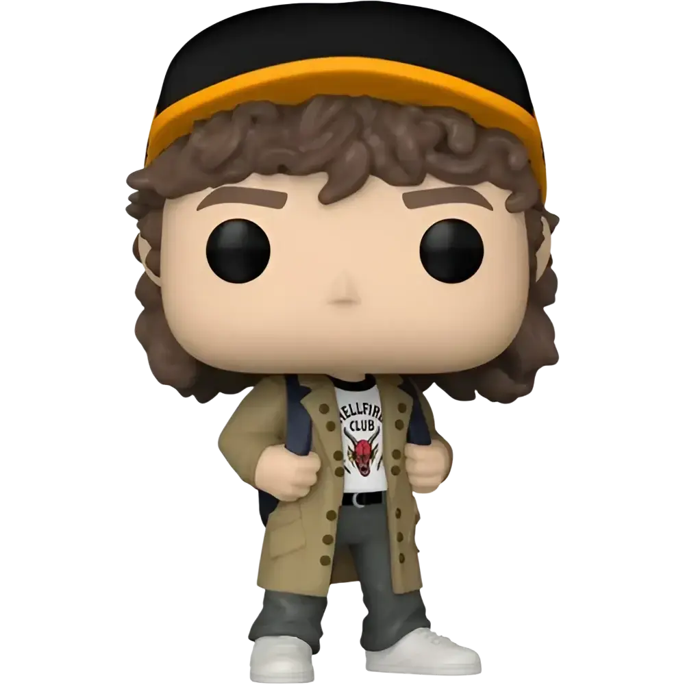 Stranger things funko pop vinyl figure of dustin henderson with curly hair wearing black yellow cap and beige trench coat