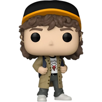 Stranger things funko pop vinyl figure of dustin henderson with curly hair wearing black yellow cap and beige trench coat