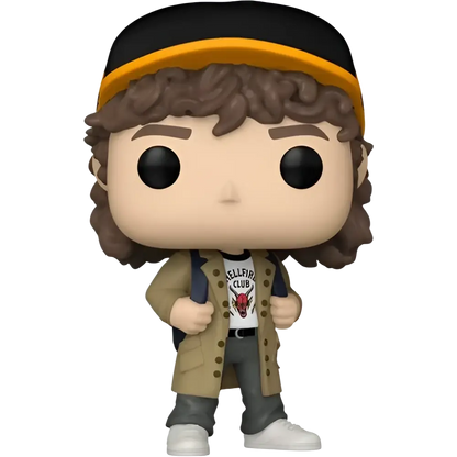 Stranger things funko pop vinyl figure of dustin henderson with curly hair wearing black yellow cap and beige trench coat