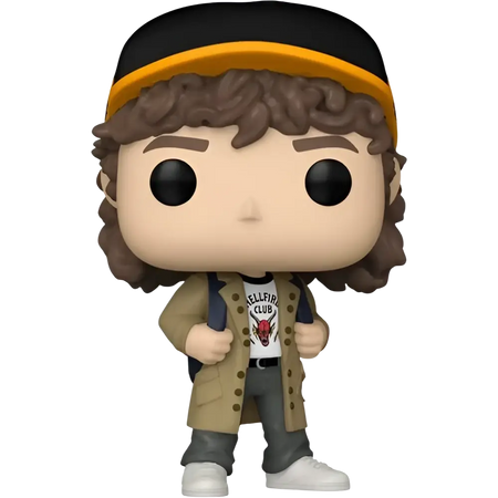 Stranger things funko pop vinyl figure of dustin henderson with curly hair wearing black yellow cap and beige trench coat
