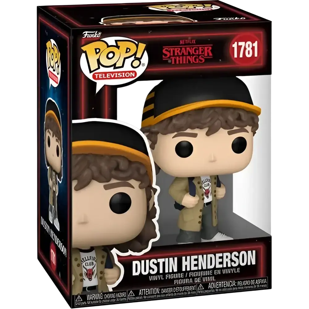 Stranger things dustin henderson funko pop vinyl figure with brown curly hair and black yellow cap #1781