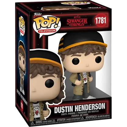 Stranger things dustin henderson funko pop vinyl figure with brown curly hair and black yellow cap #1781