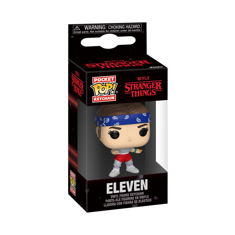 Stranger Things Season 5 Eleven Funko Pocket Pop! Key Chain, in original packaging, showing Eleven in bandana, grey shirt, red shorts.