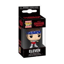 Stranger Things Season 5 Eleven Funko Pocket Pop! Key Chain, in original packaging, showing Eleven in bandana, grey shirt, red shorts.