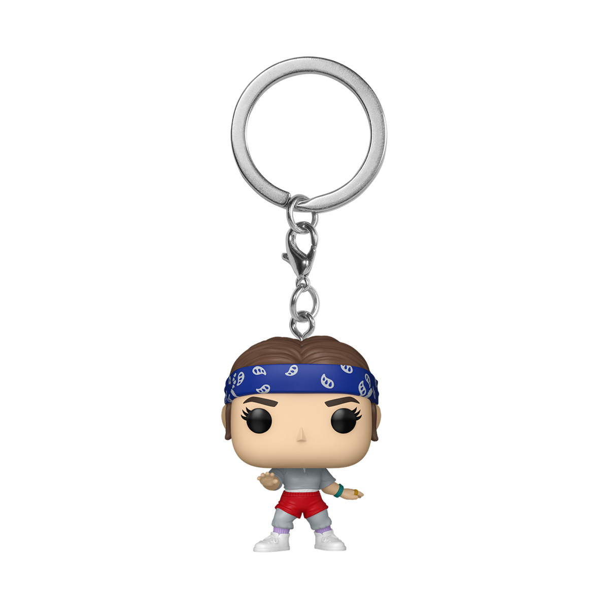Stranger Things Season 5 Eleven Funko Pocket Pop! Keychain, wearing blue bandana, grey shirt, red shorts.