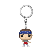Stranger Things Season 5 Eleven Funko Pocket Pop! Keychain, wearing blue bandana, grey shirt, red shorts.