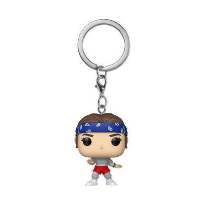 Stranger Things Season 5 Eleven Funko Pocket Pop! Keychain, wearing blue bandana, grey shirt, red shorts.