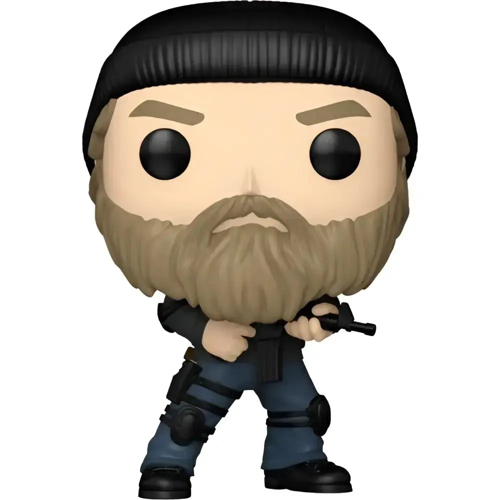 Stranger things season 5 jim hopper funko pop vinyl figure with black beanie tan beard and blue tactical pants in window display box