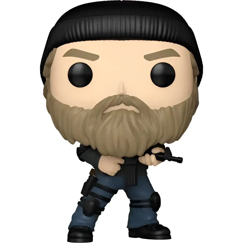 Stranger things season 5 jim hopper funko pop vinyl figure with black beanie tan beard and blue tactical pants in window display box
