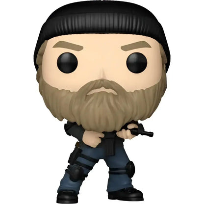 Stranger things season 5 jim hopper funko pop vinyl figure with black beanie tan beard and blue tactical pants in window display box